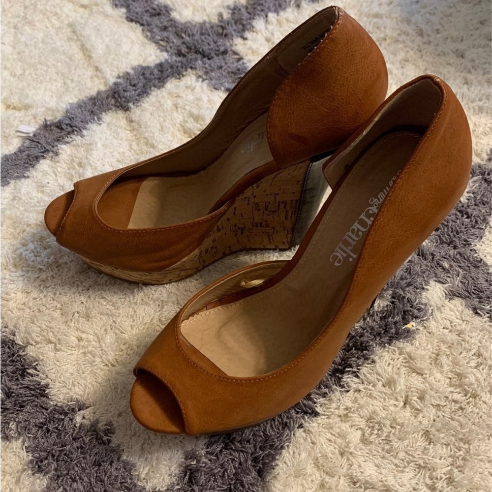 Charming Charlies Size 7 Platform Wedge Heels Open Toe Faux Leather